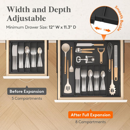 Silverware Drawer Organizer, Expandable Utensil Tray for Kitchen, BPA Free Flatware and Cutlery Holder, Adjustable Plastic Storage for Spoons Forks Knives, 4-7 Slots, White