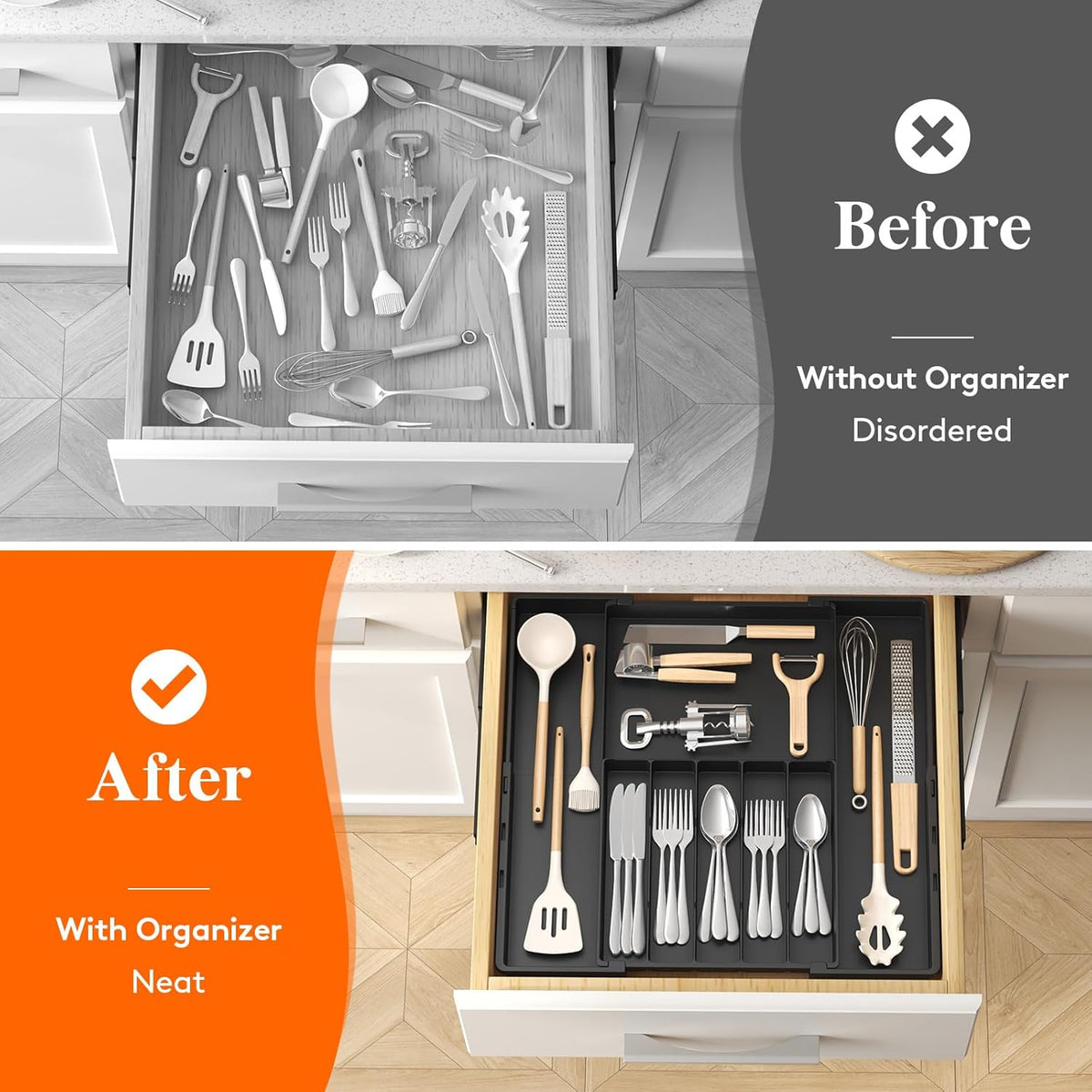 Silverware Drawer Organizer, Expandable Utensil Tray for Kitchen, BPA Free Flatware and Cutlery Holder, Adjustable Plastic Storage for Spoons Forks Knives, 4-7 Slots, White
