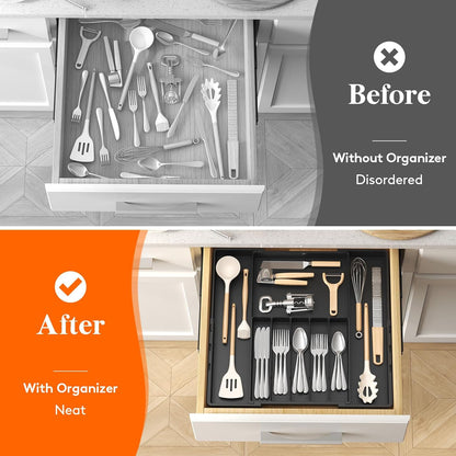 Silverware Drawer Organizer, Expandable Utensil Tray for Kitchen, BPA Free Flatware and Cutlery Holder, Adjustable Plastic Storage for Spoons Forks Knives, 4-7 Slots, White