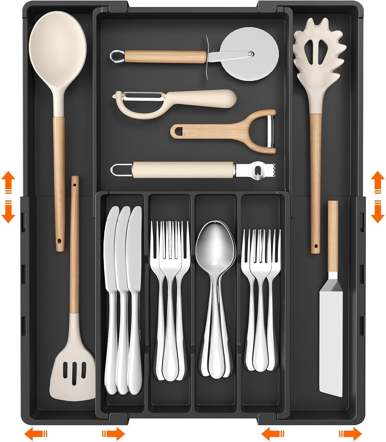 Silverware Drawer Organizer, Expandable Utensil Tray for Kitchen, BPA Free Flatware and Cutlery Holder, Adjustable Plastic Storage for Spoons Forks Knives, 4-7 Slots, White