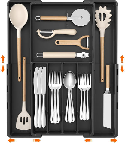 Silverware Drawer Organizer, Expandable Utensil Tray for Kitchen, BPA Free Flatware and Cutlery Holder, Adjustable Plastic Storage for Spoons Forks Knives, 4-7 Slots, White