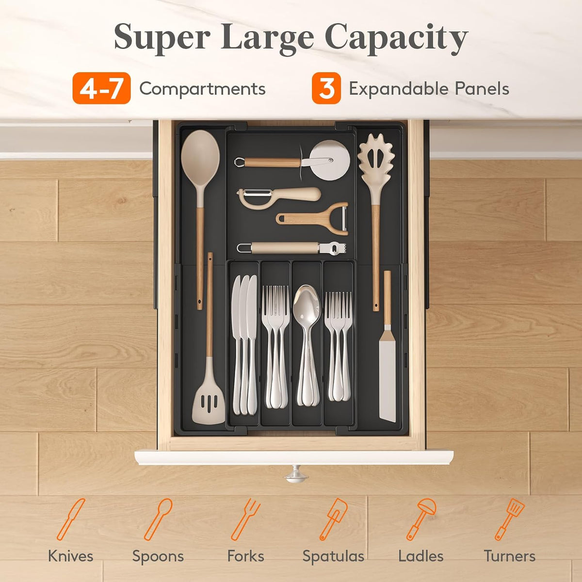 Silverware Drawer Organizer, Expandable Utensil Tray for Kitchen, BPA Free Flatware and Cutlery Holder, Adjustable Plastic Storage for Spoons Forks Knives, 4-7 Slots, White