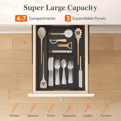 Silverware Drawer Organizer, Expandable Utensil Tray for Kitchen, BPA Free Flatware and Cutlery Holder, Adjustable Plastic Storage for Spoons Forks Knives, 4-7 Slots, White