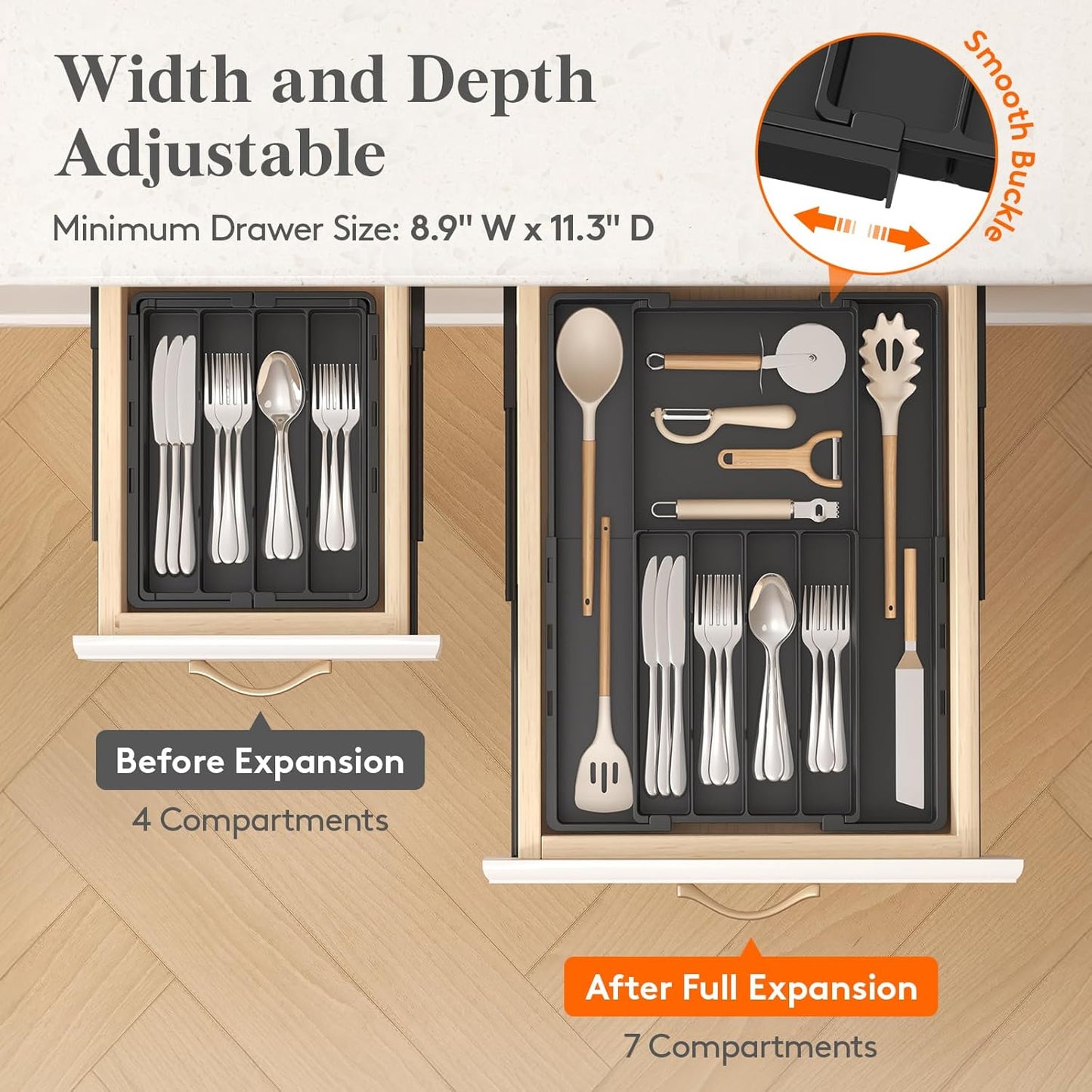 Silverware Drawer Organizer, Expandable Utensil Tray for Kitchen, BPA Free Flatware and Cutlery Holder, Adjustable Plastic Storage for Spoons Forks Knives, 4-7 Slots, White