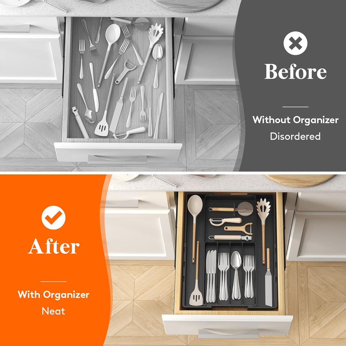 Silverware Drawer Organizer, Expandable Utensil Tray for Kitchen, BPA Free Flatware and Cutlery Holder, Adjustable Plastic Storage for Spoons Forks Knives, 4-7 Slots, White
