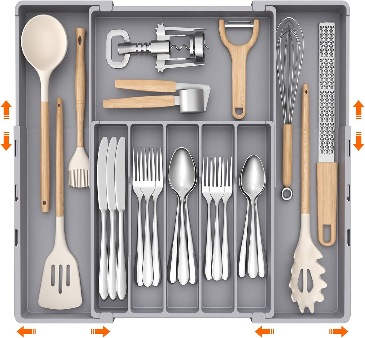 Silverware Drawer Organizer, Expandable Utensil Tray for Kitchen, BPA Free Flatware and Cutlery Holder, Adjustable Plastic Storage for Spoons Forks Knives, 4-7 Slots, White