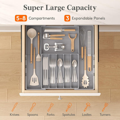 Silverware Drawer Organizer, Expandable Utensil Tray for Kitchen, BPA Free Flatware and Cutlery Holder, Adjustable Plastic Storage for Spoons Forks Knives, 4-7 Slots, White
