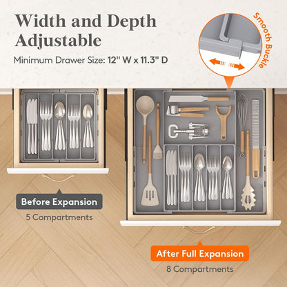 Silverware Drawer Organizer, Expandable Utensil Tray for Kitchen, BPA Free Flatware and Cutlery Holder, Adjustable Plastic Storage for Spoons Forks Knives, 4-7 Slots, White