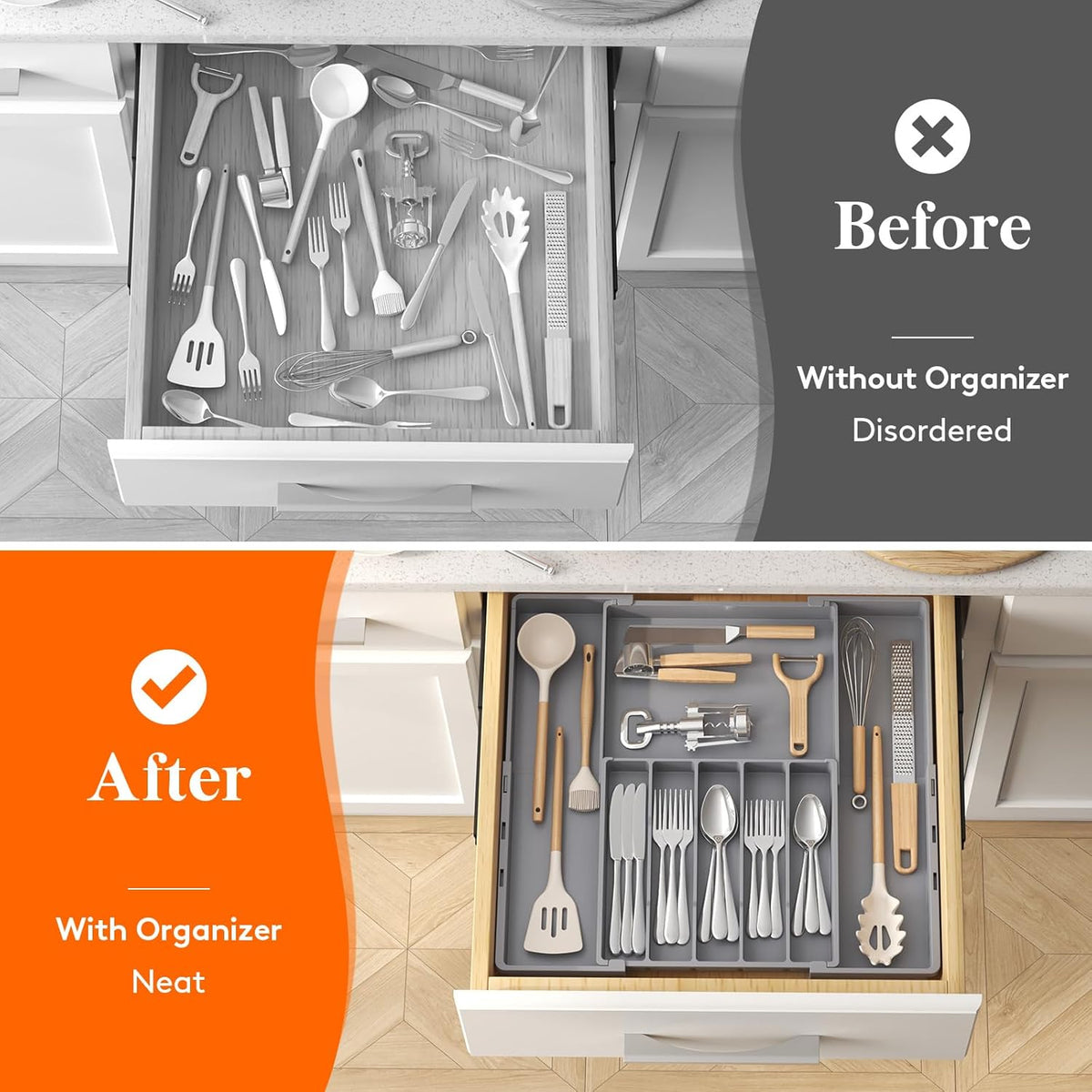 Silverware Drawer Organizer, Expandable Utensil Tray for Kitchen, BPA Free Flatware and Cutlery Holder, Adjustable Plastic Storage for Spoons Forks Knives, 4-7 Slots, White