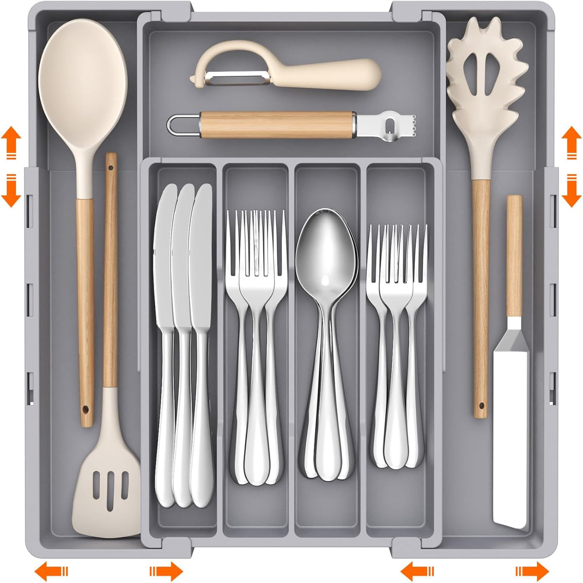 Silverware Drawer Organizer, Expandable Utensil Tray for Kitchen, BPA Free Flatware and Cutlery Holder, Adjustable Plastic Storage for Spoons Forks Knives, 4-7 Slots, White