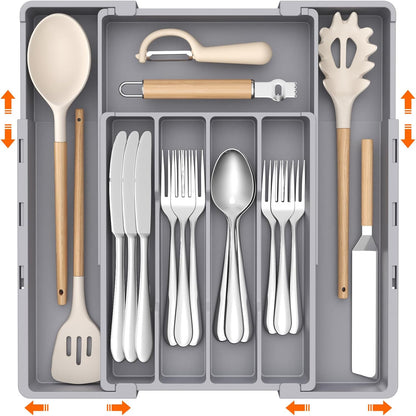 Silverware Drawer Organizer, Expandable Utensil Tray for Kitchen, BPA Free Flatware and Cutlery Holder, Adjustable Plastic Storage for Spoons Forks Knives, 4-7 Slots, White