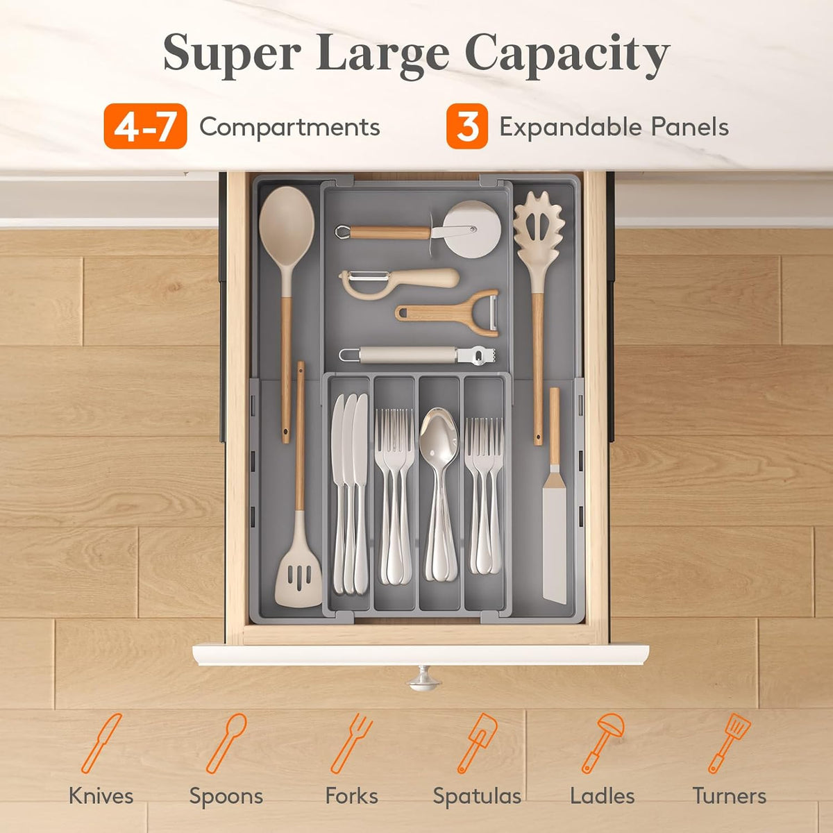 Silverware Drawer Organizer, Expandable Utensil Tray for Kitchen, BPA Free Flatware and Cutlery Holder, Adjustable Plastic Storage for Spoons Forks Knives, 4-7 Slots, White