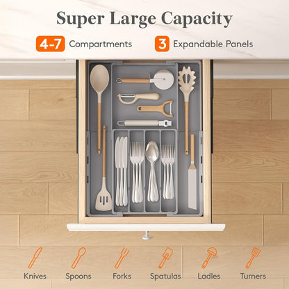 Silverware Drawer Organizer, Expandable Utensil Tray for Kitchen, BPA Free Flatware and Cutlery Holder, Adjustable Plastic Storage for Spoons Forks Knives, 4-7 Slots, White