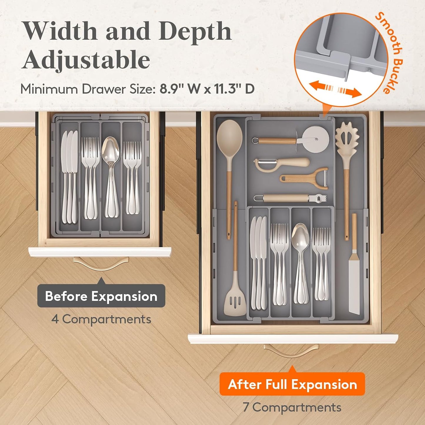 Silverware Drawer Organizer, Expandable Utensil Tray for Kitchen, BPA Free Flatware and Cutlery Holder, Adjustable Plastic Storage for Spoons Forks Knives, 4-7 Slots, White