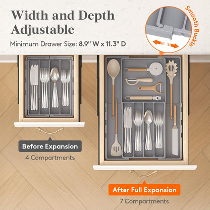 Silverware Drawer Organizer, Expandable Utensil Tray for Kitchen, BPA Free Flatware and Cutlery Holder, Adjustable Plastic Storage for Spoons Forks Knives, 4-7 Slots, White