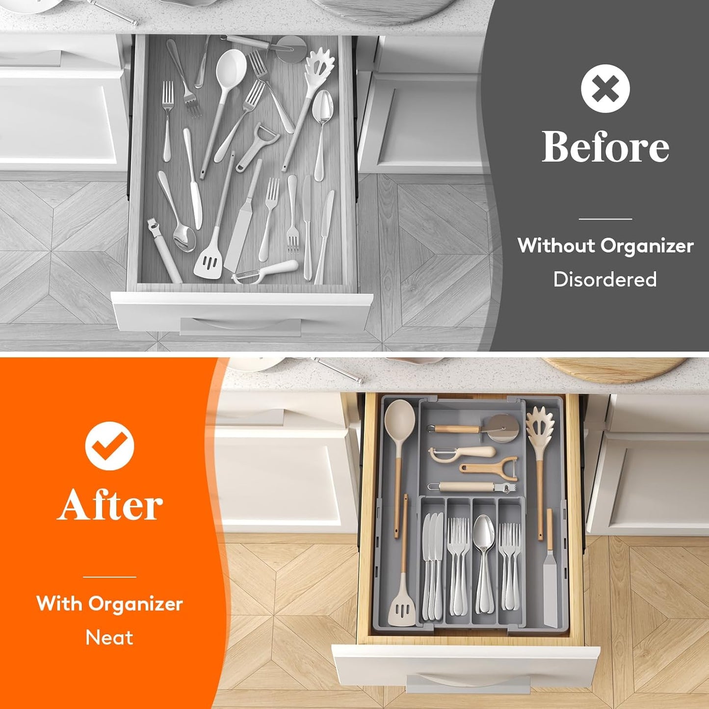 Silverware Drawer Organizer, Expandable Utensil Tray for Kitchen, BPA Free Flatware and Cutlery Holder, Adjustable Plastic Storage for Spoons Forks Knives, 4-7 Slots, White