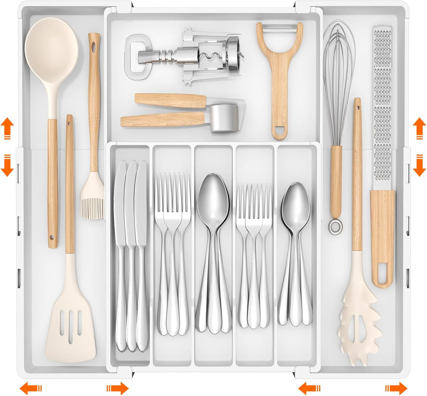 Silverware Drawer Organizer, Expandable Utensil Tray for Kitchen, BPA Free Flatware and Cutlery Holder, Adjustable Plastic Storage for Spoons Forks Knives, 4-7 Slots, White