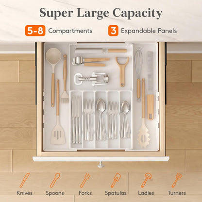Silverware Drawer Organizer, Expandable Utensil Tray for Kitchen, BPA Free Flatware and Cutlery Holder, Adjustable Plastic Storage for Spoons Forks Knives, 4-7 Slots, White