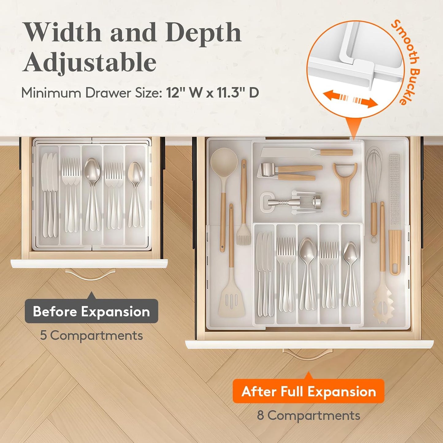 Silverware Drawer Organizer, Expandable Utensil Tray for Kitchen, BPA Free Flatware and Cutlery Holder, Adjustable Plastic Storage for Spoons Forks Knives, 4-7 Slots, White
