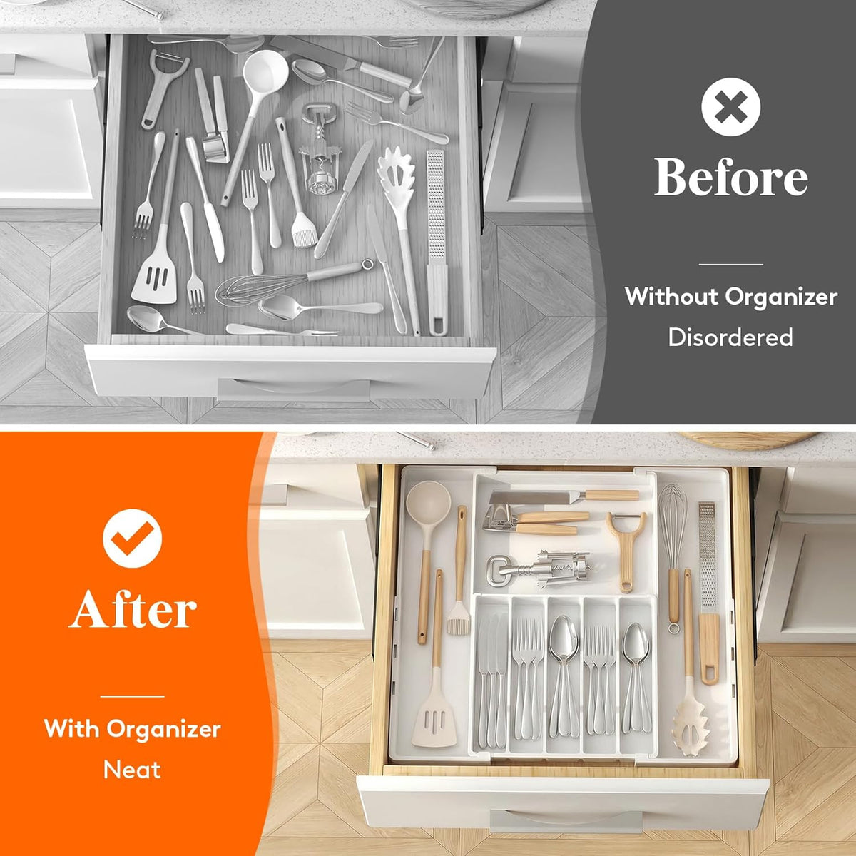 Silverware Drawer Organizer, Expandable Utensil Tray for Kitchen, BPA Free Flatware and Cutlery Holder, Adjustable Plastic Storage for Spoons Forks Knives, 4-7 Slots, White