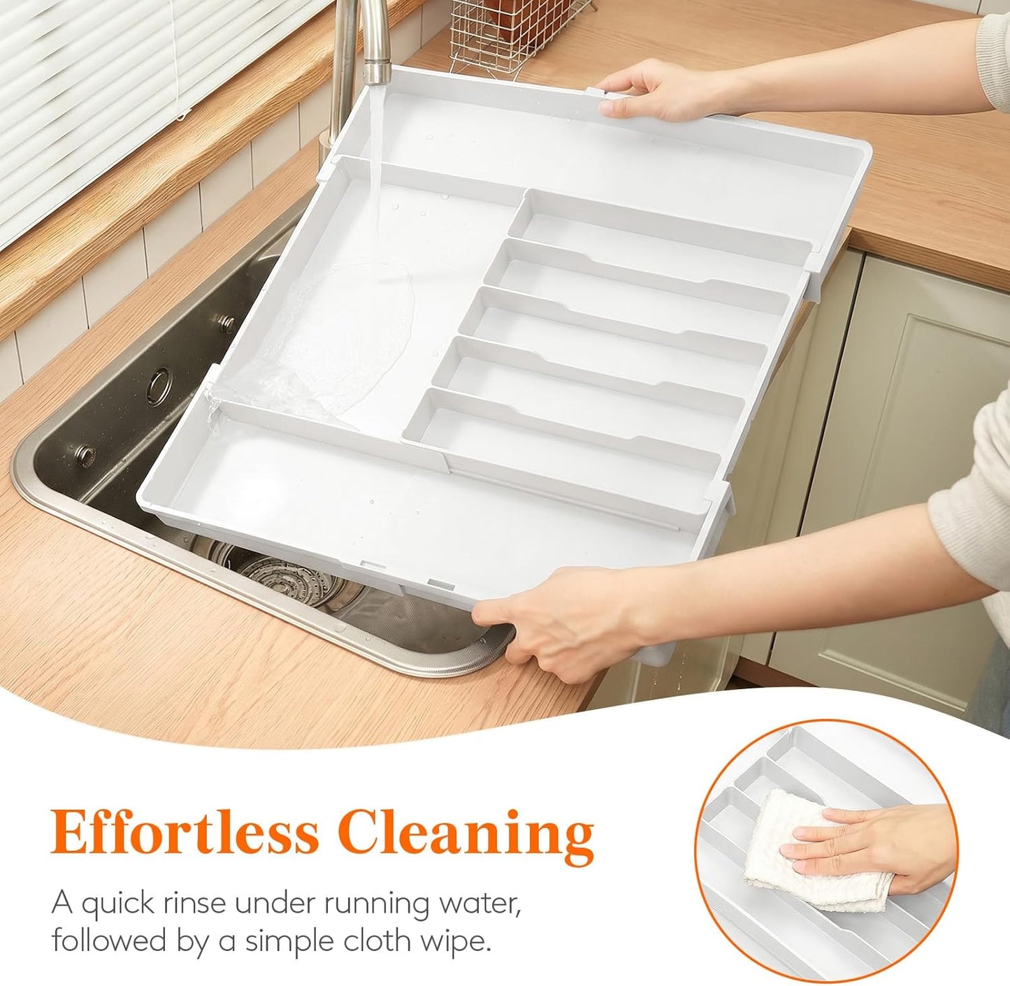 Silverware Drawer Organizer, Expandable Utensil Tray for Kitchen, BPA Free Flatware and Cutlery Holder, Adjustable Plastic Storage for Spoons Forks Knives, 4-7 Slots, White