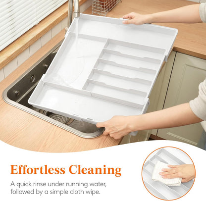 Silverware Drawer Organizer, Expandable Utensil Tray for Kitchen, BPA Free Flatware and Cutlery Holder, Adjustable Plastic Storage for Spoons Forks Knives, 4-7 Slots, White