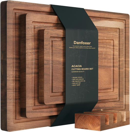 Set of 3 Acacia Wood Cutting Board Set,Wooden Chopping Boards with Juice Groove and Stand Holder for Kitchen,Butcher Block for Meat,Vegetables, Fruit