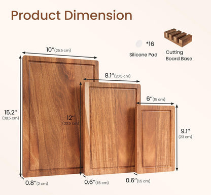 Set of 3 Acacia Wood Cutting Board Set,Wooden Chopping Boards with Juice Groove and Stand Holder for Kitchen,Butcher Block for Meat,Vegetables, Fruit