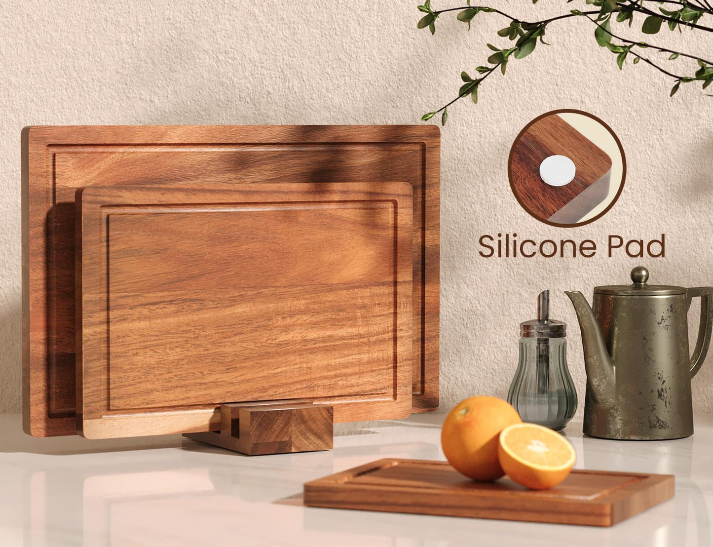 Set of 3 Acacia Wood Cutting Board Set,Wooden Chopping Boards with Juice Groove and Stand Holder for Kitchen,Butcher Block for Meat,Vegetables, Fruit