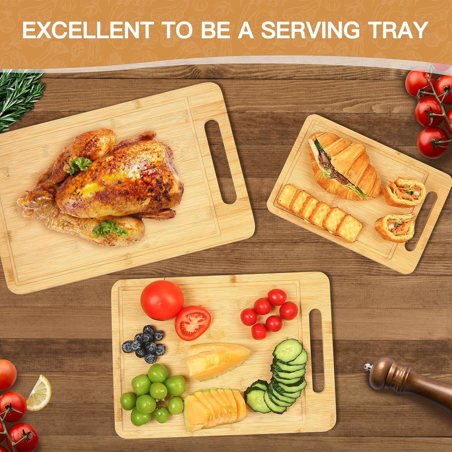 3PCS Bamboo & Titanium Cutting Board Set – Double-Sided, Durable Chopping Boards for Kitchen Prep – Includes Handles, 3 Sizes for Vegetables, Fruits, Cheese & More