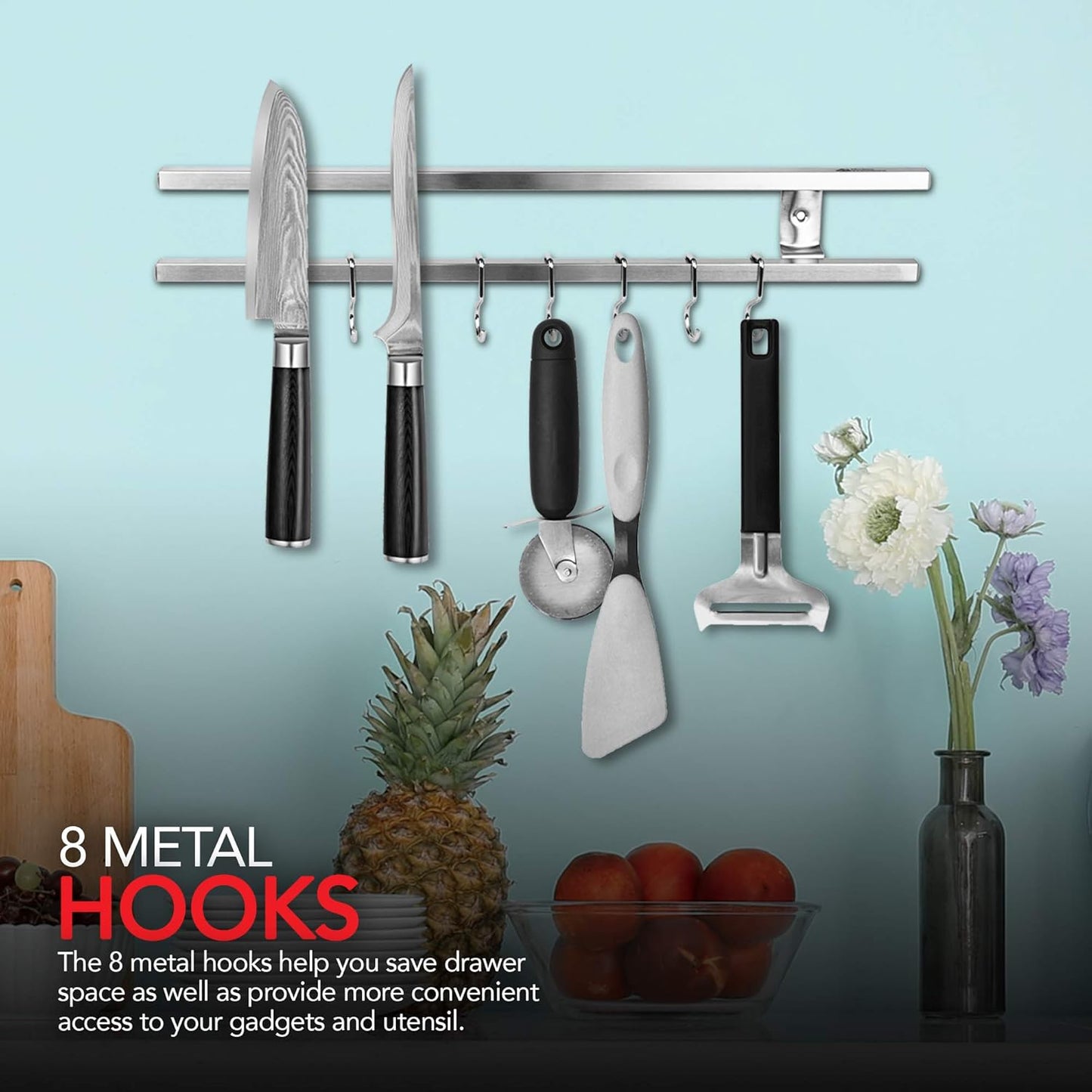 (16 Inch Stainless Steel Metal Magnetic Knife Holder, Wall Mount Double Bar with 8 Hooks - Multipurpose Knife Magnetic Strip, Utensil Hanger, and Kitchen Storage Rack Magnet