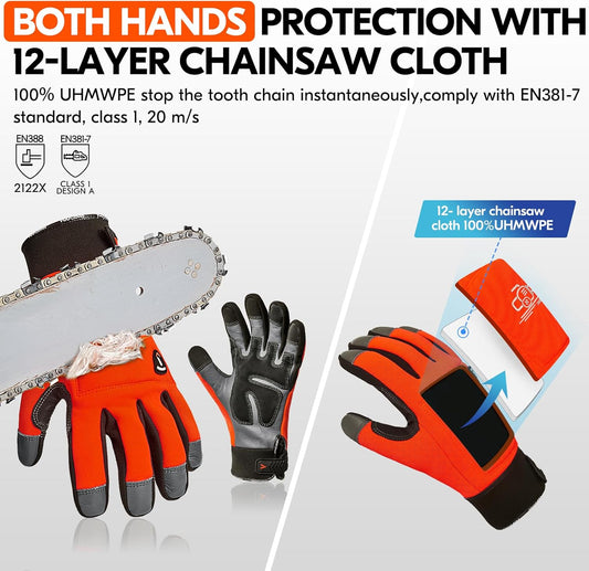 ... Chainsaw Cut Resistant Gloves,Level A5,12-Layer Protection on Both Hands Back,Cow Leather
