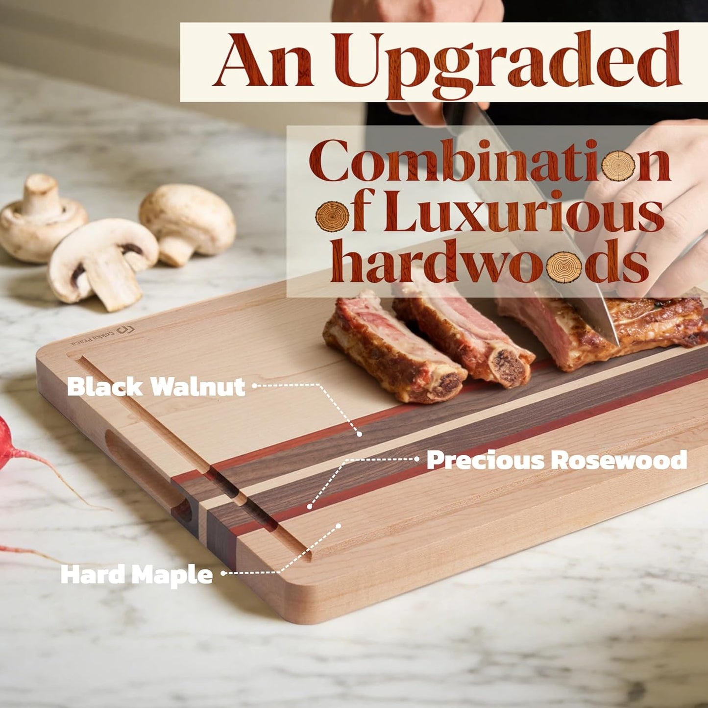 Maple Cutting Board | Hard Wood Cutting Board for Kitchen | Wooden Serving Board with Holder | Made of Maple/Black Walnut/Rosewood | Striking Visual Wood Grain | Gift for Dad, Mom, Grandpa