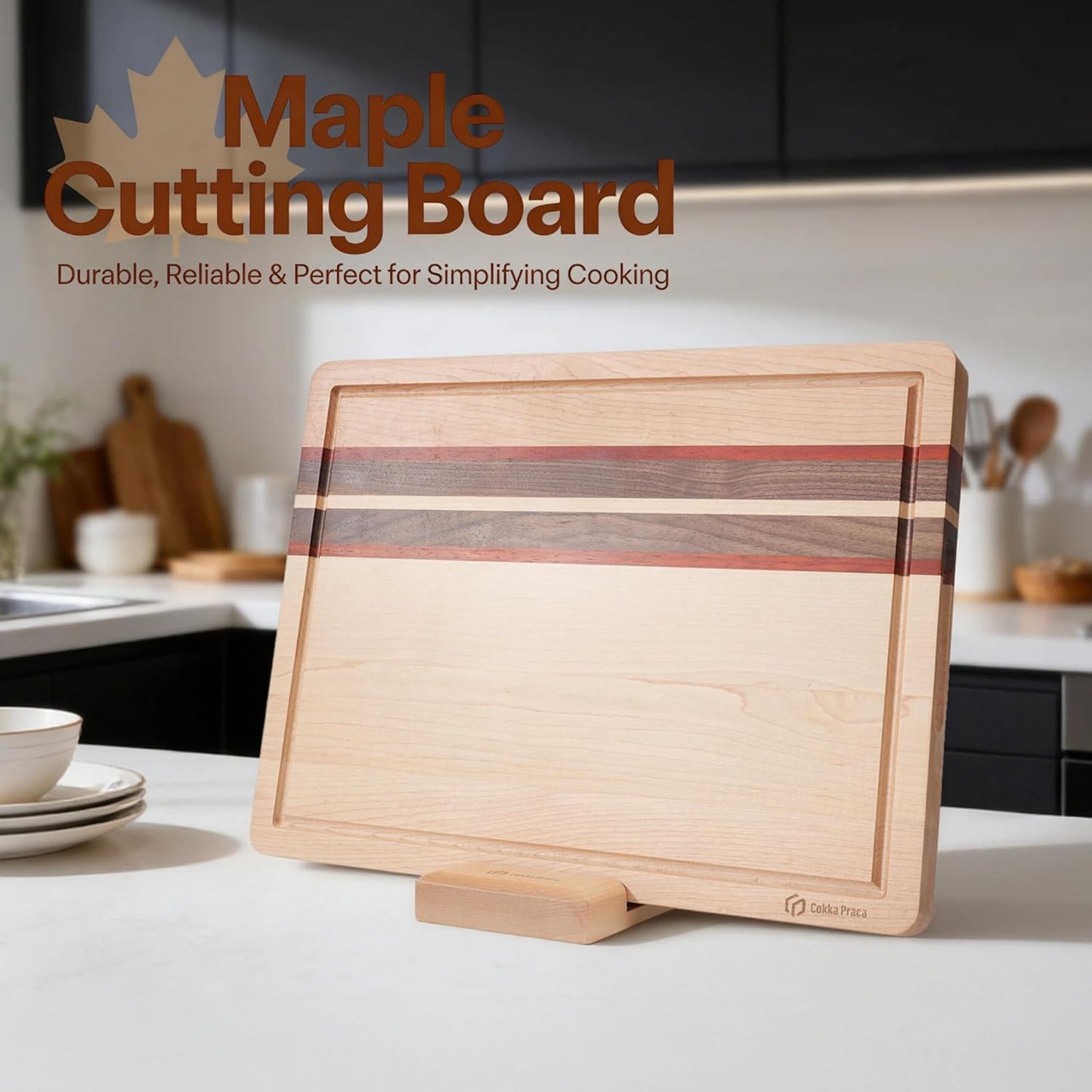Maple Cutting Board | Hard Wood Cutting Board for Kitchen | Wooden Serving Board with Holder | Made of Maple/Black Walnut/Rosewood | Striking Visual Wood Grain | Gift for Dad, Mom, Grandpa