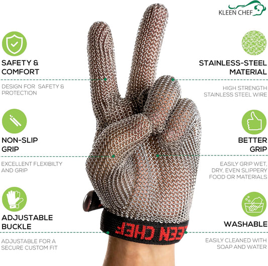 KLEEN CHEF Stainless Steel Cut Resistant Gloves | Heavy Duty, Butcher Glove for Cutting Meat, Fishing, Chopping, Shredding
