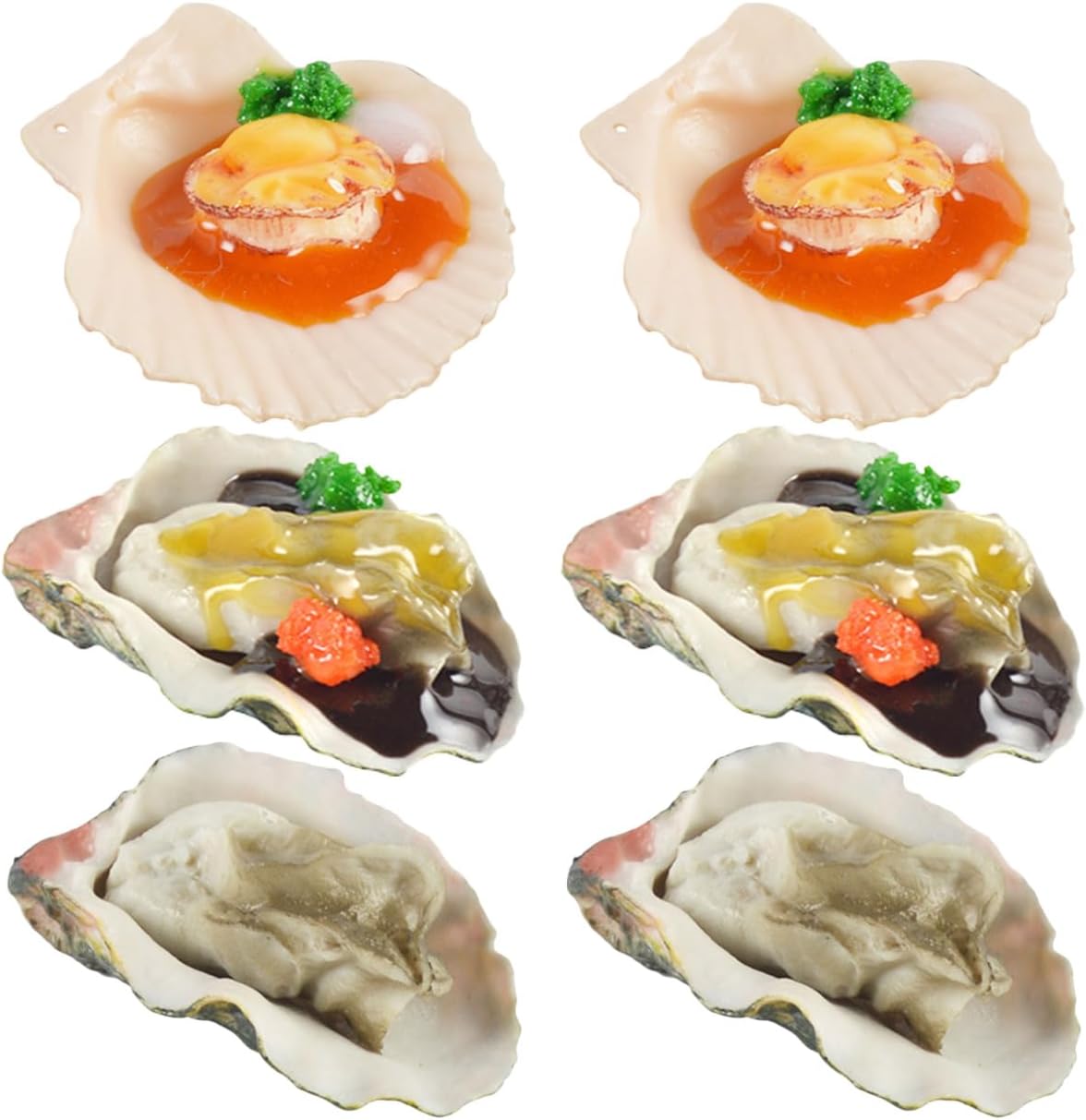 6Pcs Realistic Fake Oyster Scallop Props 2.36"x1.37"x0.98" PVC Lifelike Seafood Models for Restaurant Display Kitchen Decor Photography