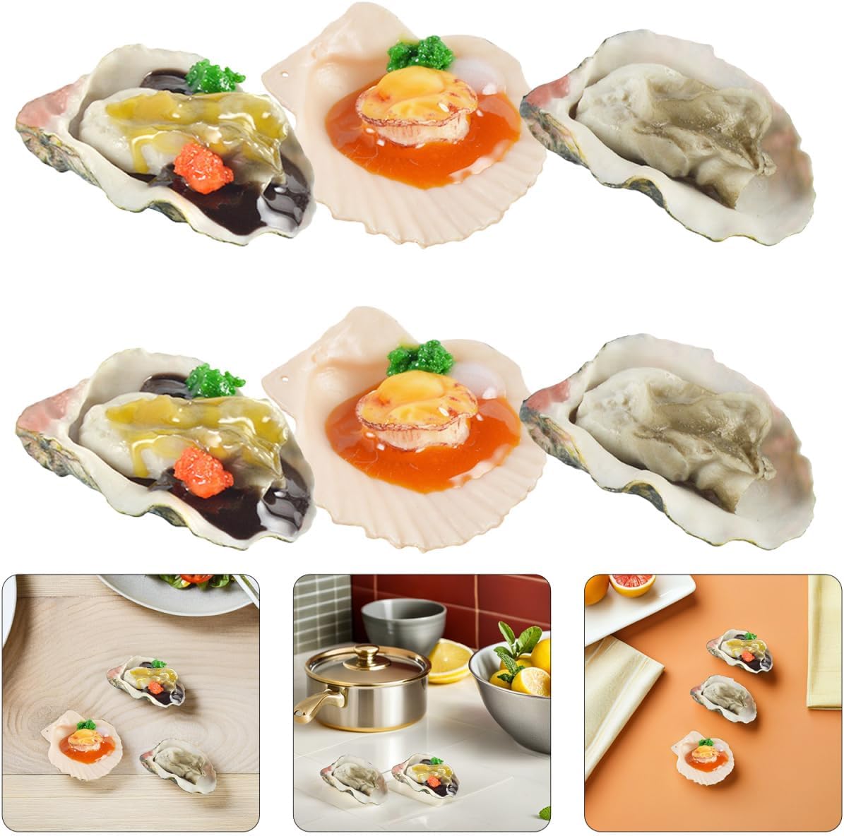 6Pcs Realistic Fake Oyster Scallop Props 2.36"x1.37"x0.98" PVC Lifelike Seafood Models for Restaurant Display Kitchen Decor Photography