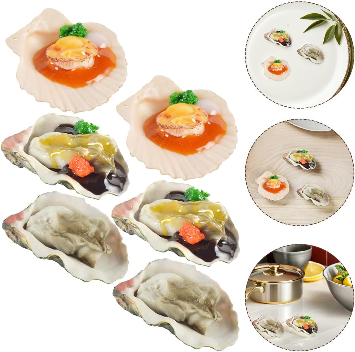 6Pcs Realistic Fake Oyster Scallop Props 2.36"x1.37"x0.98" PVC Lifelike Seafood Models for Restaurant Display Kitchen Decor Photography
