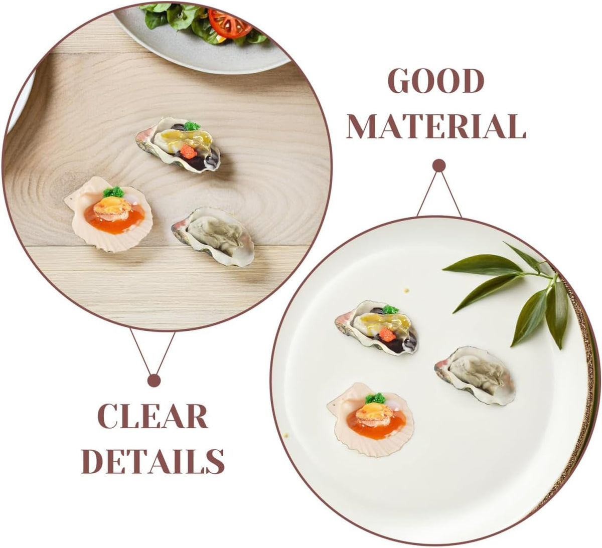 6Pcs Realistic Fake Oyster Scallop Props 2.36"x1.37"x0.98" PVC Lifelike Seafood Models for Restaurant Display Kitchen Decor Photography