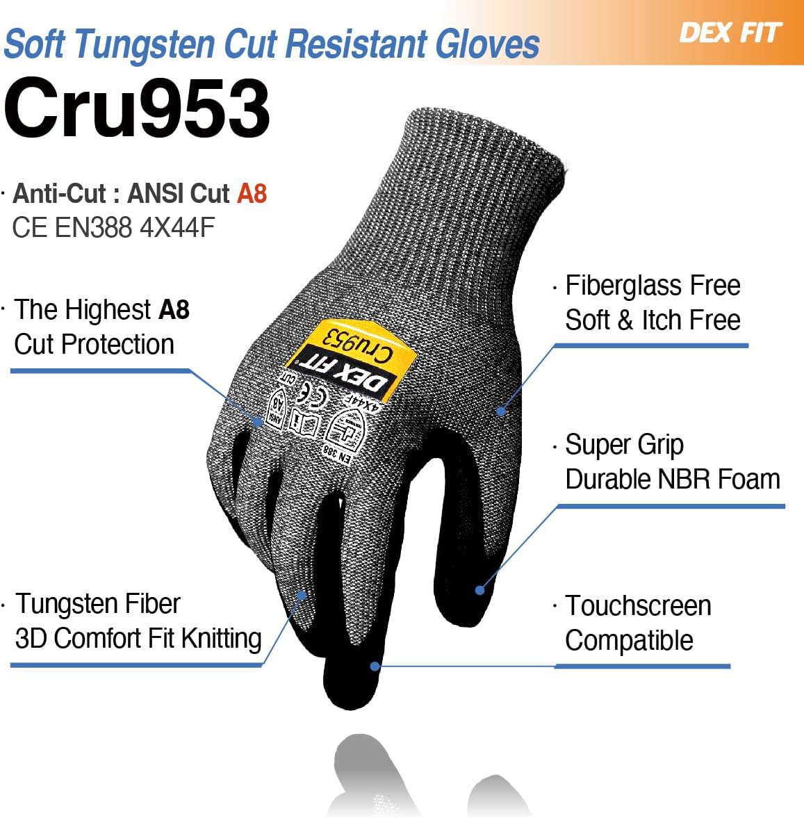 Level A8 Steel Cut Resistant Gloves Cru953, 3D-Comfort Stretchy Fit, Power Grip, Thin, Touch-Screen Compatible, Durable, Machine Washable; Steel Blue M 1 Pair