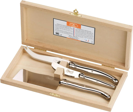 Laguiole 3-Piece Cheese Knife Set, Stainless Steel Handles - Rust-Resistant Stainless Steel - Includes Wooden Box - Made in France