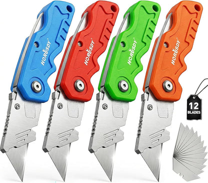 4-Pack Box Cutter Utility Knife, Heavy Duty Aluminum Shell Retractable Box Cutter for Cardboard, Boxes and Cartons, Extra 10 Blades