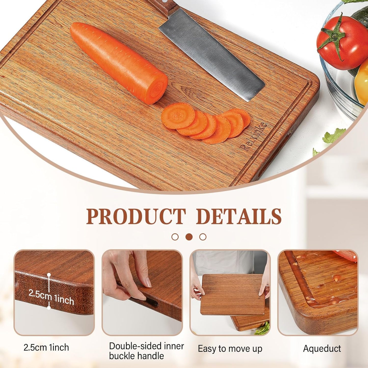 Solid Teak Wood Cutting Board One Piece Non Glued Thick Crack Resistant Wooden Chopping Board with DeepJuice Grooves Built in Handles for Kitchen Meat Vegetables Chese 13 X 8.7 Inch