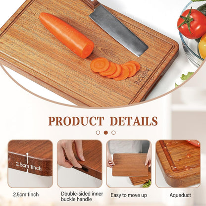 Solid Teak Wood Cutting Board One Piece Non Glued Thick Crack Resistant Wooden Chopping Board with DeepJuice Grooves Built in Handles for Kitchen Meat Vegetables Chese 13 X 8.7 Inch