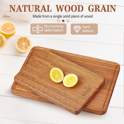 Solid Teak Wood Cutting Board One Piece Non Glued Thick Crack Resistant Wooden Chopping Board with DeepJuice Grooves Built in Handles for Kitchen Meat Vegetables Chese 13 X 8.7 Inch