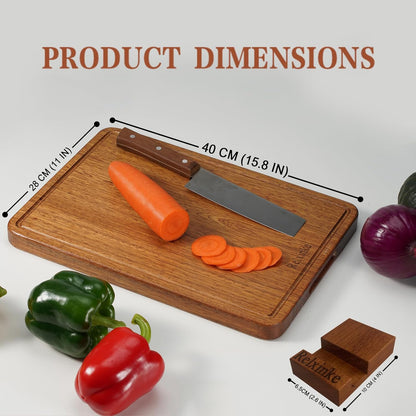 Solid Teak Wood Cutting Board One Piece Non Glued Thick Crack Resistant Wooden Chopping Board with DeepJuice Grooves Built in Handles for Kitchen Meat Vegetables Chese 13 X 8.7 Inch