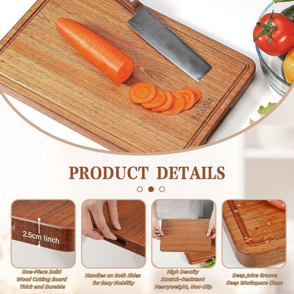 Solid Teak Wood Cutting Board One Piece Non Glued Thick Crack Resistant Wooden Chopping Board with DeepJuice Grooves Built in Handles for Kitchen Meat Vegetables Chese 13 X 8.7 Inch