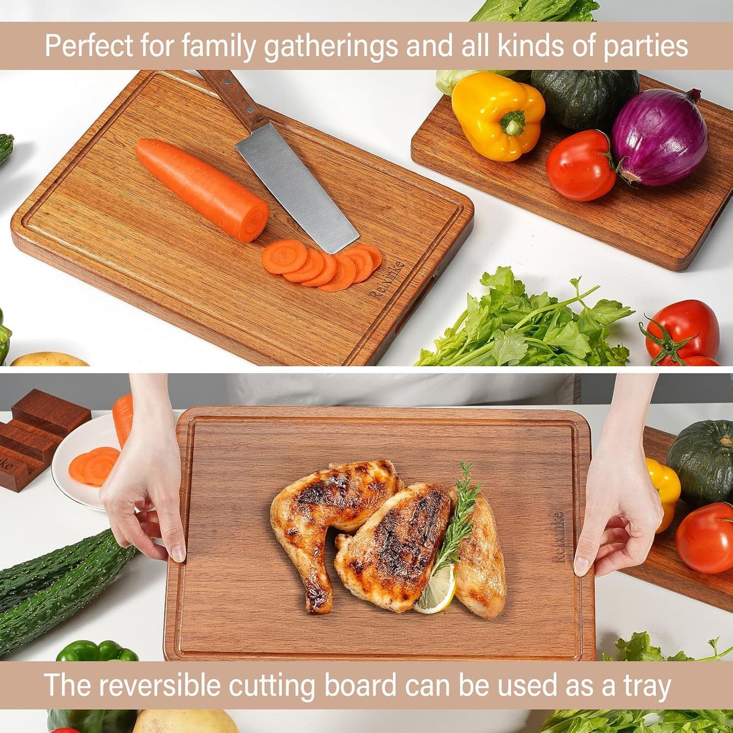 Solid Teak Wood Cutting Board One Piece Non Glued Thick Crack Resistant Wooden Chopping Board with DeepJuice Grooves Built in Handles for Kitchen Meat Vegetables Chese 13 X 8.7 Inch