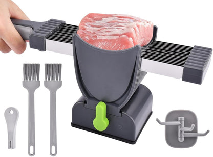 17-in-1 Fresh Meat Slicer & Cleaver Set, Stainless Steel Adjustable Thickness 2mm/4mm, Manual Meat Cutter for Slicing, Stripes & Dicing, 17 Blades for Home Cooking BBQ Hot Pot (Grey)