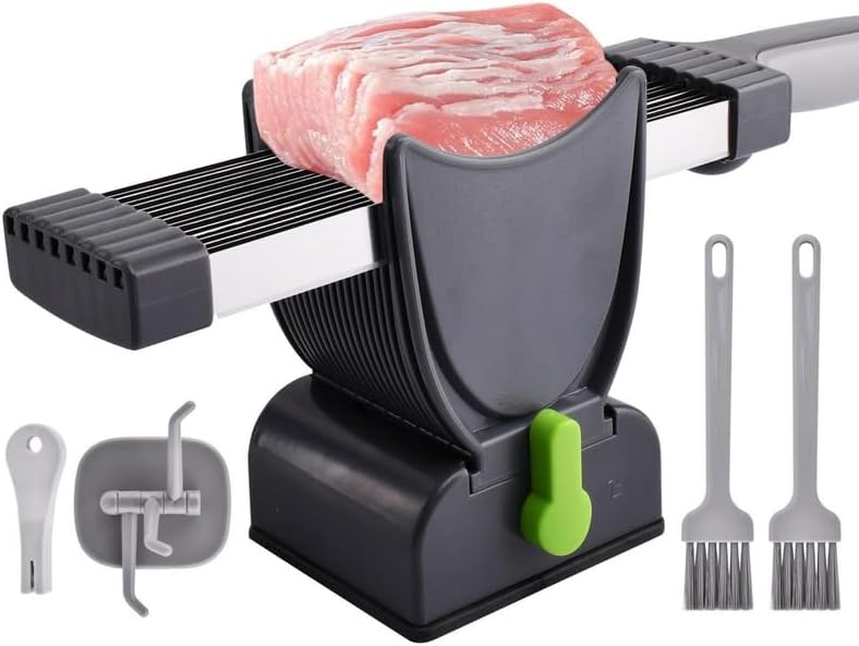 17-in-1 Fresh Meat Slicer & Cleaver Set, Stainless Steel Adjustable Thickness 2mm/4mm, Manual Meat Cutter for Slicing, Stripes & Dicing, 17 Blades for Home Cooking BBQ Hot Pot (Grey)
